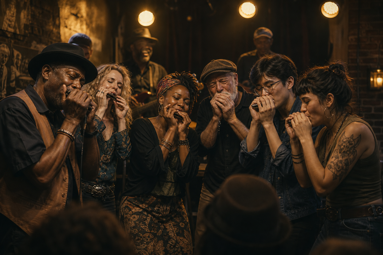 Pessoas improvisando com gaita em roda musical